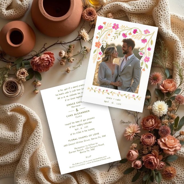 Convites Delicate Colorful Floral Border Mexican Embroidery (Delicate Colorful Floral Border Mexican Embroidery-Inspired Wedding Invitations Cards with Photo.)