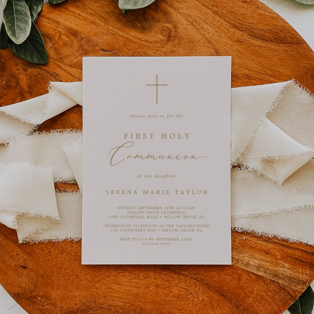 Convites Delicate Cream Dourado Cruz Primeira Comunhão Sant (Delicate Cream Gold Cross First Holy Communion Invitation)