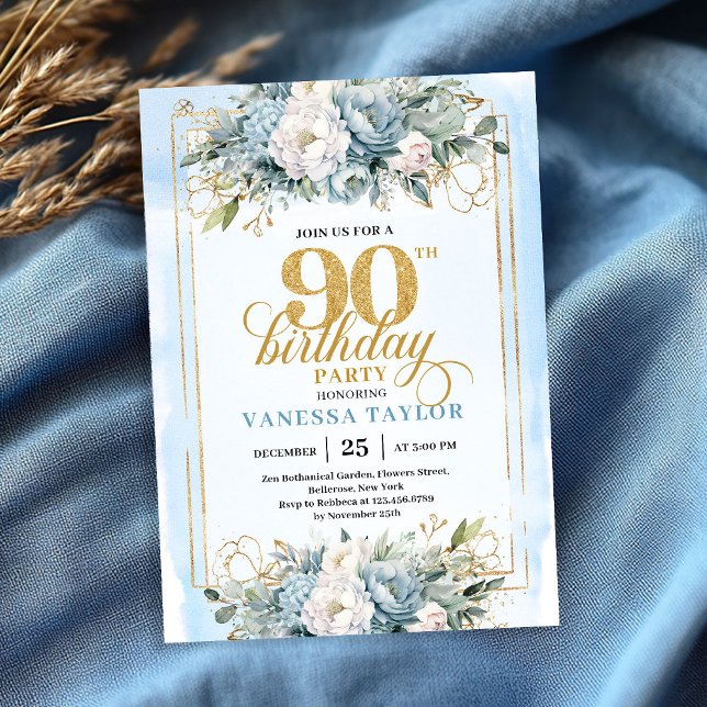 Convites Delicate dusty blue gold trim 90th birthday invite (Delicate dusty blue gold trim 90th birthday celebration)
