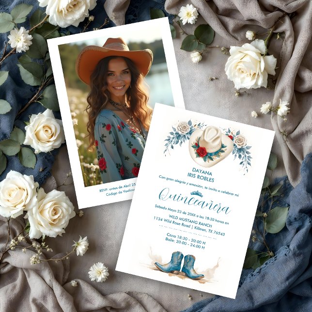 Convites Delicate Elegant Coastal Cowgirl Boots & Hat XVs (Delicate Elegant Coastal Cowgirl Boots & Hat Quinceañera Invitation Cards.)