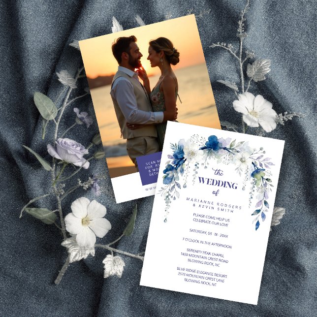 Convites Delicate Floral Botanical Arch Blue Shades Wedding (Delicate Floral & Botanical Arch Blue Shades Wedding Invitation Cards with Back Photo and QR Code.)