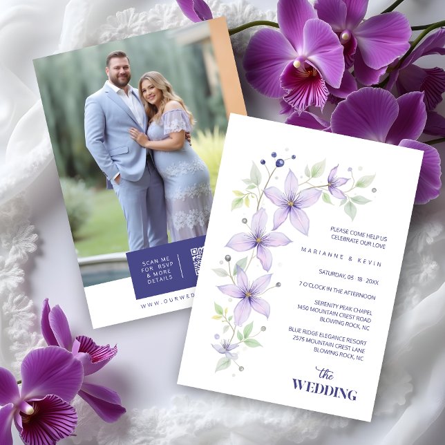 Convites Delicate Floral & Botanical Branch Light Purple  (Delicate Floral & Botanical Branch Light Purple Wedding Invitation Cards with Back Photo and QR Code)