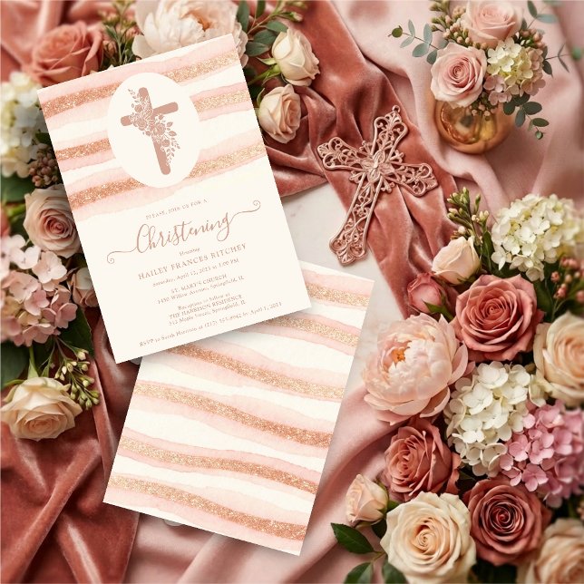 Convites Delicate Floral Cross Romantic Rose Gold (Delicate Floral Christian Cross Romantic Rose Gold Glitter Style Christening Invitation Cards.)