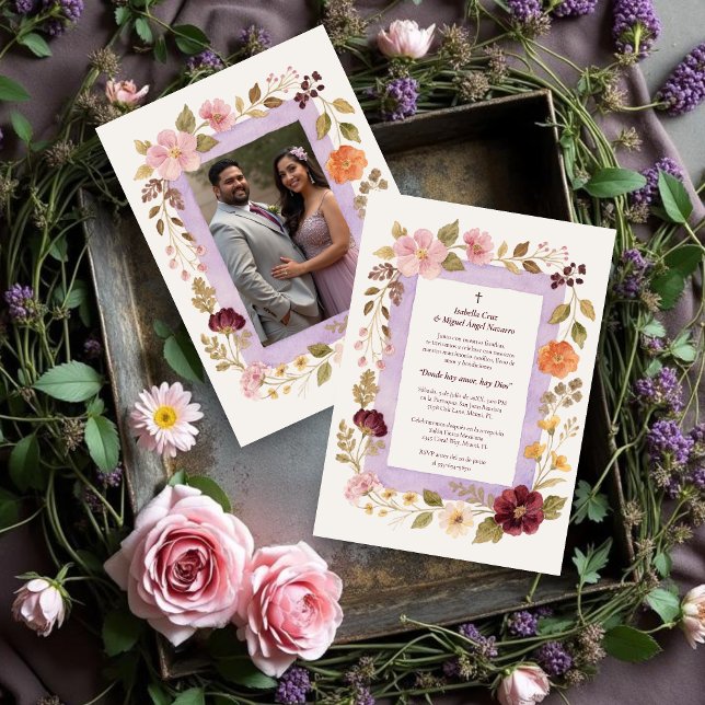 Convites Delicate Floral Frame Christian Catholic Wedding (Delicate Floral Frame Christian Catholic Wedding Invitation Cards in Spanish with Back Photo. )