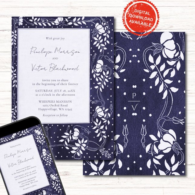 Convites Delicate Floral Frame on Blue Wedding Invitation (Criador carregado)