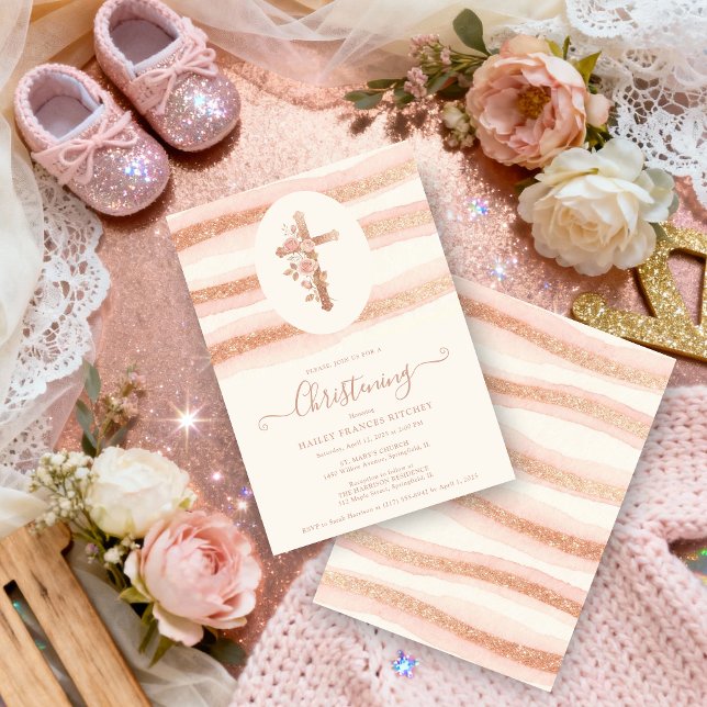 Convites Delicate Floral Glitter Cross Romantic Rose Gold (Rose Gold Glitter Delicate Floral Christian Cross Romantic Style Christening Invitation Cards. )