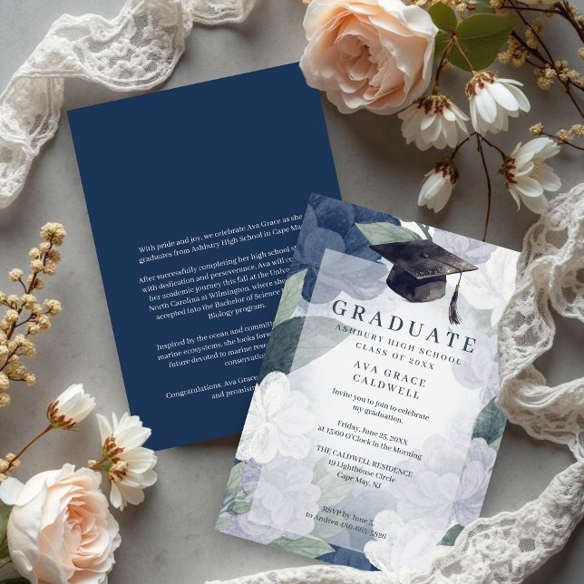 Convites Delicate Floral Green and Blue Graduation Party (Delicate Floral Green and Blue Graduation Party Invitation Card Design.)