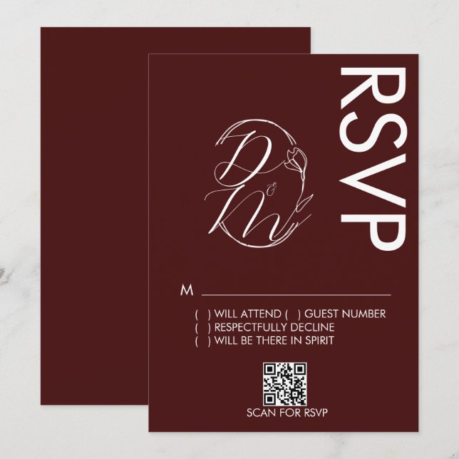 Convites Delicate Floral Logo Wedding Burgundy RSVP Card (Frente/Verso)