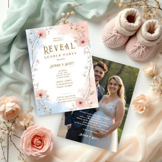Convites Delicate Floral Pink & Blue Shades Gender Reveal