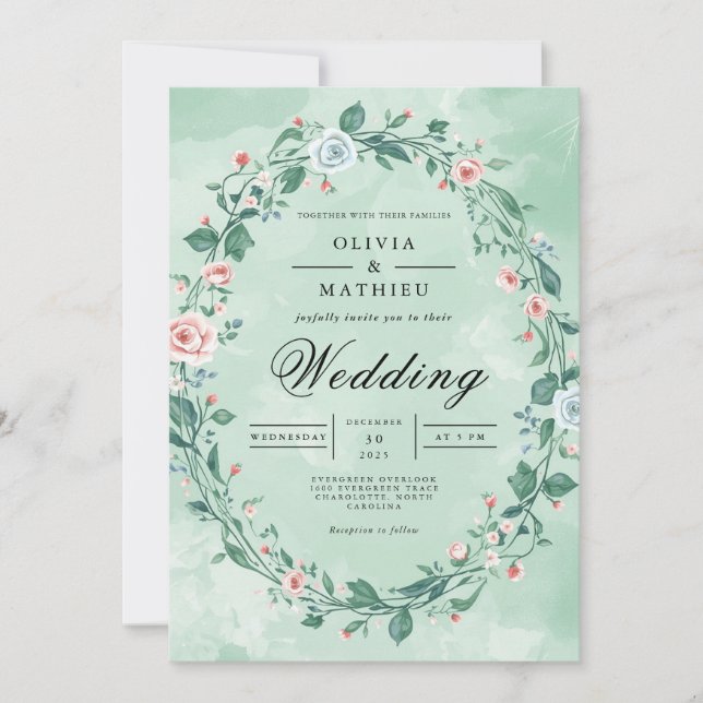 Convites Delicate Floral Wreath Pastel Wedding (Frente)