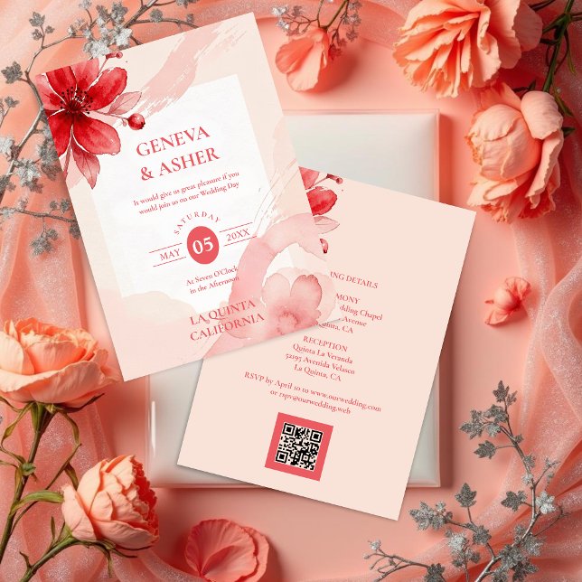 Convites Delicate Flowers Juicy Red & Pinky Pink Editorial (Delicate Romantic Flowers Juicy Red & Pinky Pink Editorial Wedding Invitation with Back QR Code.)