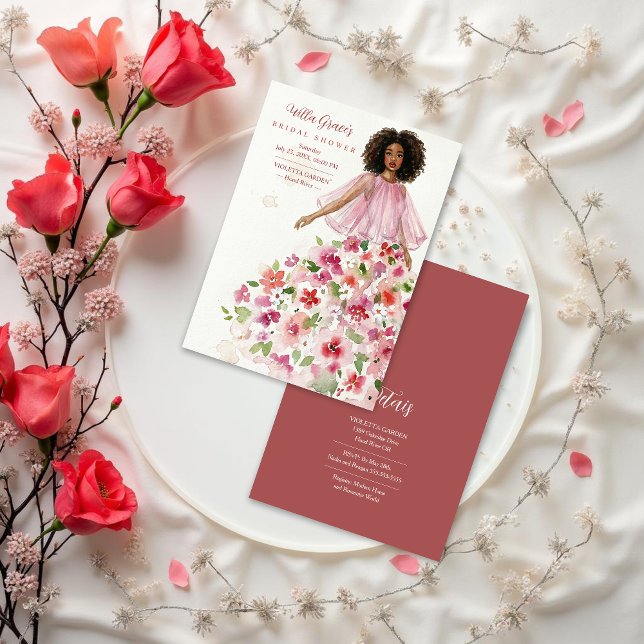 Convites Delicate Girl Pink Floral Tulle Bridal Shower (Delicate Pink Floral Tulle Bridal Shower Invitation Featuring Watercolor Effect Woman Illustration.)