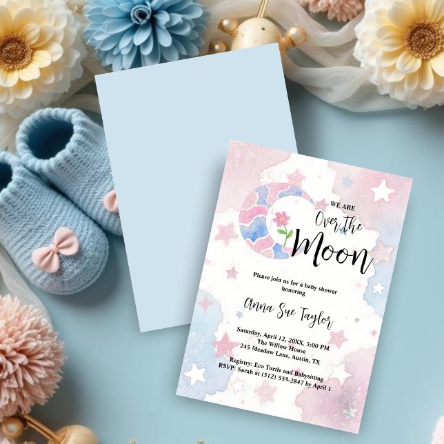 Convites Delicate Glitter Crescent Moon Blue Baby Shower (Delicate Watercolor Style Glitter Crescent Moon with Pink Flower Inside on a Background with Stars.)