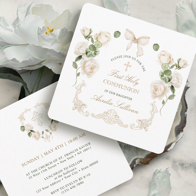 Convites Delicate Ivory Roses Frame First Communion Small (Criador carregado)