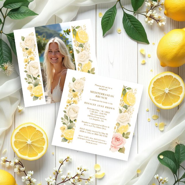 Convites Delicate Mediterranean Lemons Flowers Greenery (Delicate Pastel Mediterranean Lemons Flowers Greenery Wedding Bridal Shower Invitation Cards.)