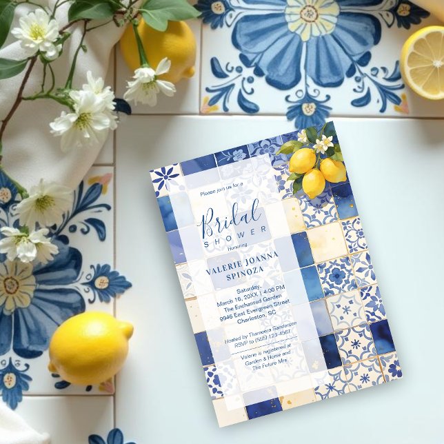 Convites Delicate Mediterranean Tiles and Lemons Flowers (Delicate Mediterranean Tiles and Lemons Flowers in Blue Shades Wedding Bridal Shower Invitations.)