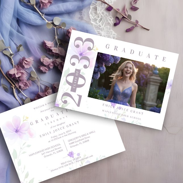 Convites Delicate MInimalist Graduate Floral Lilac Shades P (Delicate MInimalist Graduate Floral Lilac Shades Photo Invitation Card. )