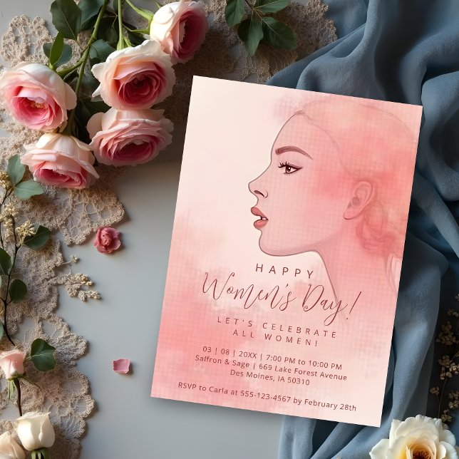 Convites Delicate Minimalist Woman Pink Happy Women's Day (Delicate Minimalist Woman in Pink Happy Women's Party Invitations Cards. Let's Celebrate All Women.)