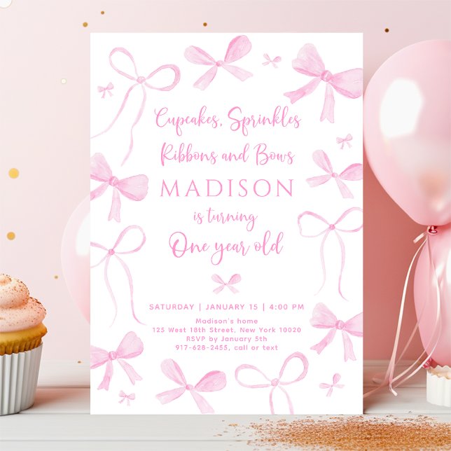 Convites Delicate Pink Bows First Birthday (Criador carregado)