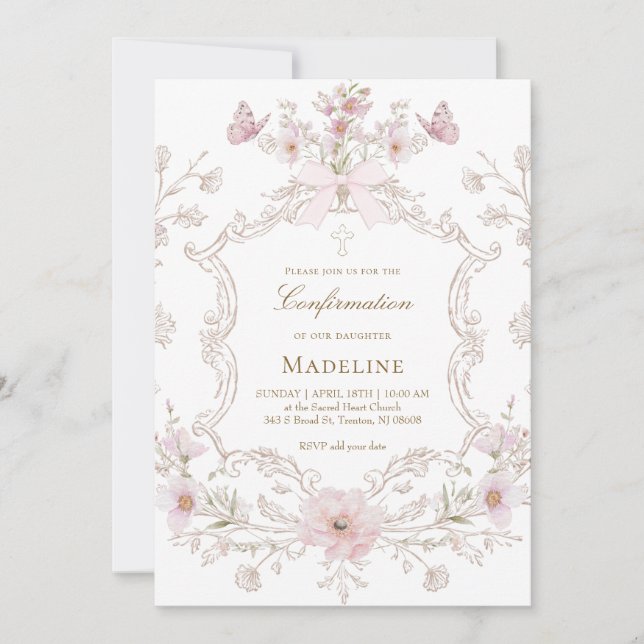 Convites delicate pink flowers frame Confirmation girl (Frente)