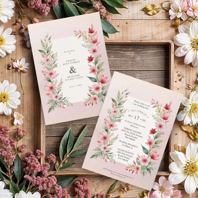 Convites Delicate Pink Shades Cherish Botanical Wildflowers (Delicate Pink Shades Cherish Botanical Wildflowers Branches Wedding Invitations Cards.)