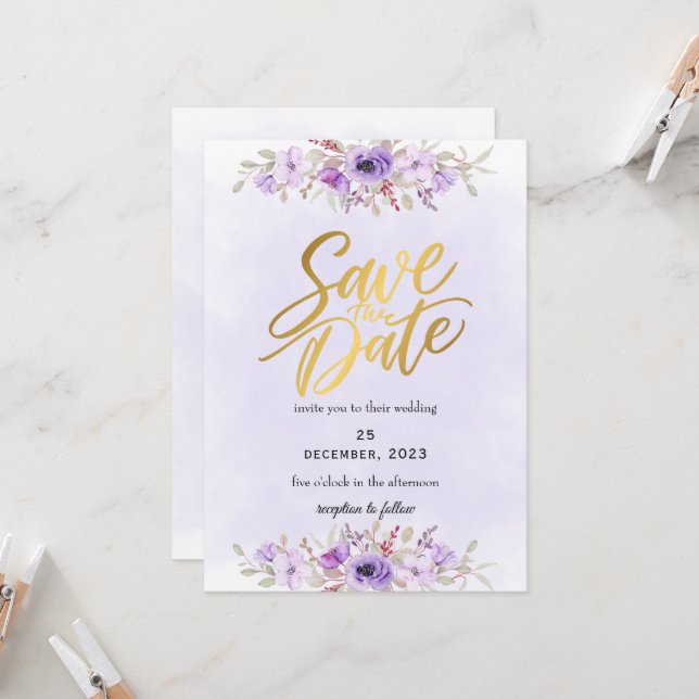Convites Delicate Purple Floral Wedding Save the Date (Frente/Verso In Situ)