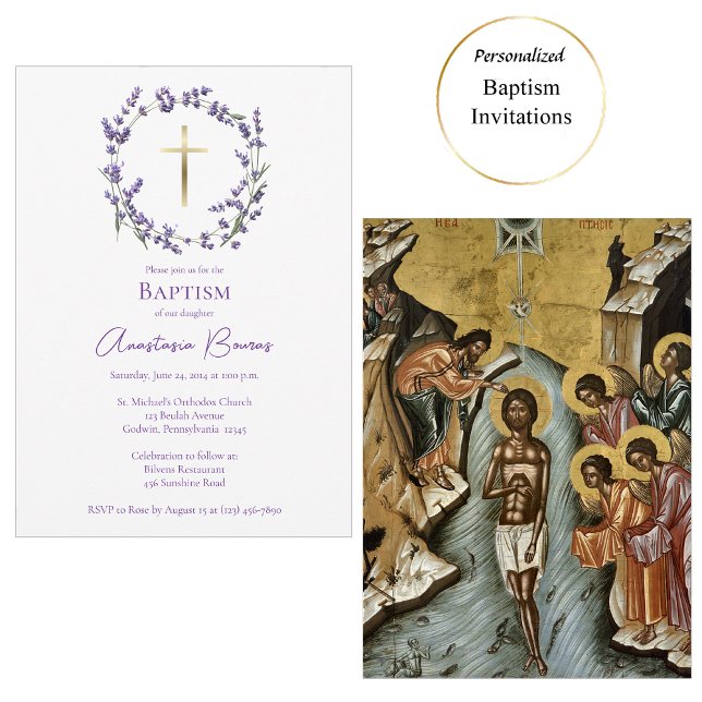 Convites Delicate Purple Wildflowers Wreath Baptism (Criador carregado)