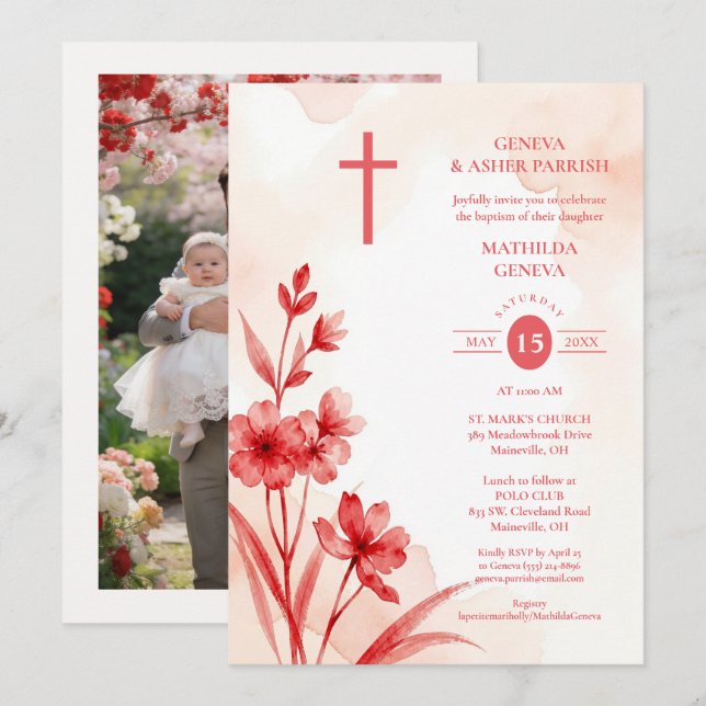 Convites Delicate Red & Pink Wildflowers Baptism Photo (Frente/Verso)