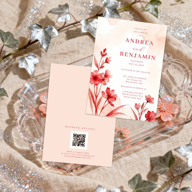Convites Delicate Romantic Bloom Juicy Red & Pinky Pink  (Delicate Romantic Bloom Juicy Red & Pinky Pink Editorial Wedding Invitation with Back QR Code. )