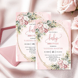 Convites Delicate Rose Gold Flowers Eucalyptus Baby Shower