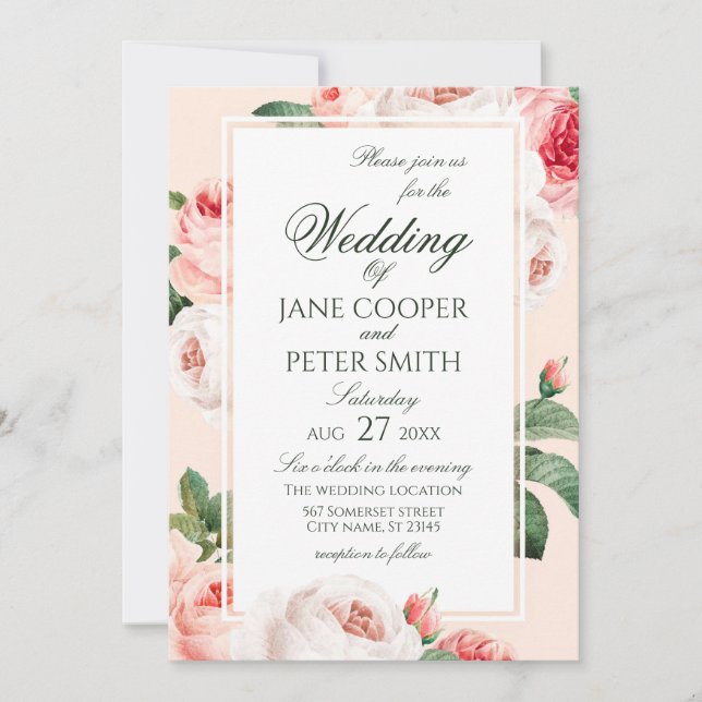 Convites Delicate Roses floral Wedding Invitation (Frente)