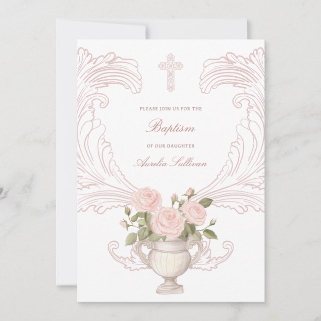 Convites Delicate Roses Frame Baptism Invitation (Frente)
