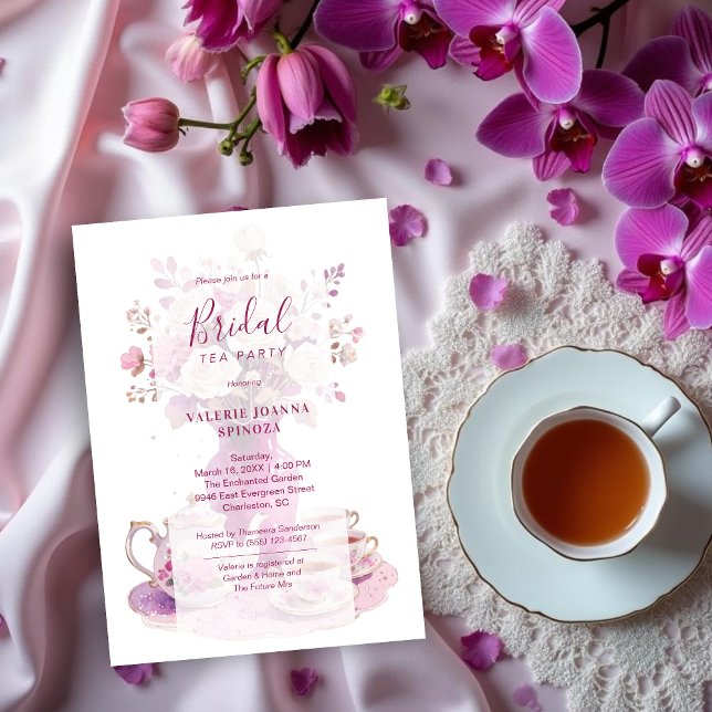 Convites Delicate Sophisticated Magenta Vintage Tea Set (Delicate Sophisticated Deep Magenta Vintage Tea Set Bridal Shower Invitations Cards.)