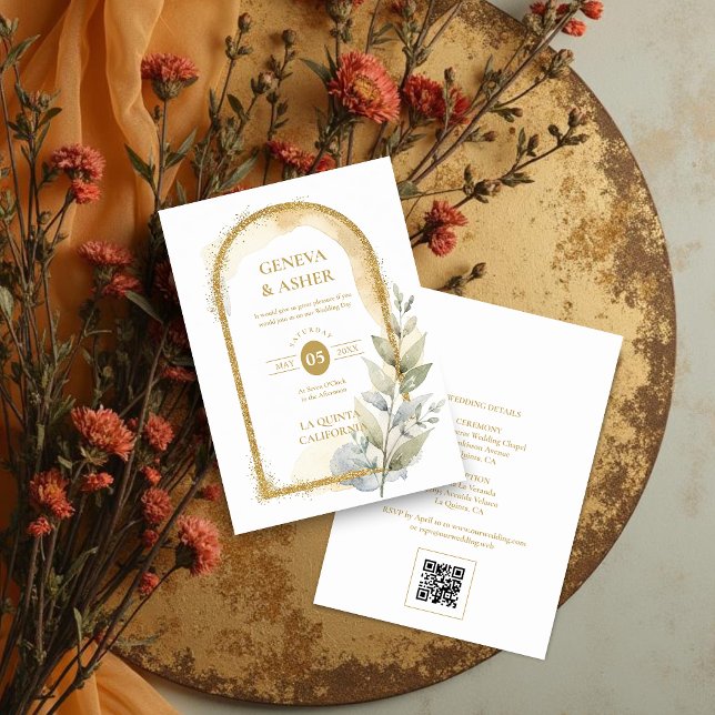 Convites Delicate Spring Green & Beige Floral Arch Wedding (Delicate Spring Green & Beige Floral Arch Glitter Effect Wedding Invitation with Back QR Code.)