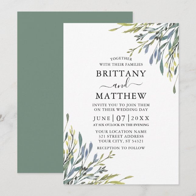 Convites Delicate Watercolor Greenery Wedding Sage Green (Frente/Verso)