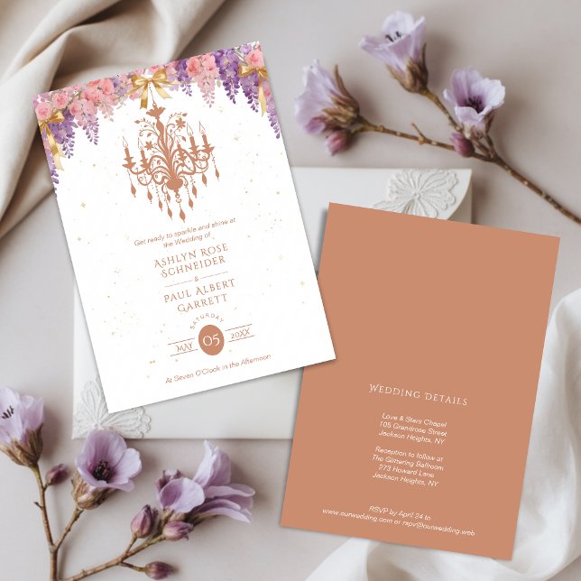 Convites Delicate Wisteria & Exquisite Vintage Chandelier (Delicate Wisteria & Exquisite Vintage Empire Style Chandelier Wedding Invitation Card Design.)
