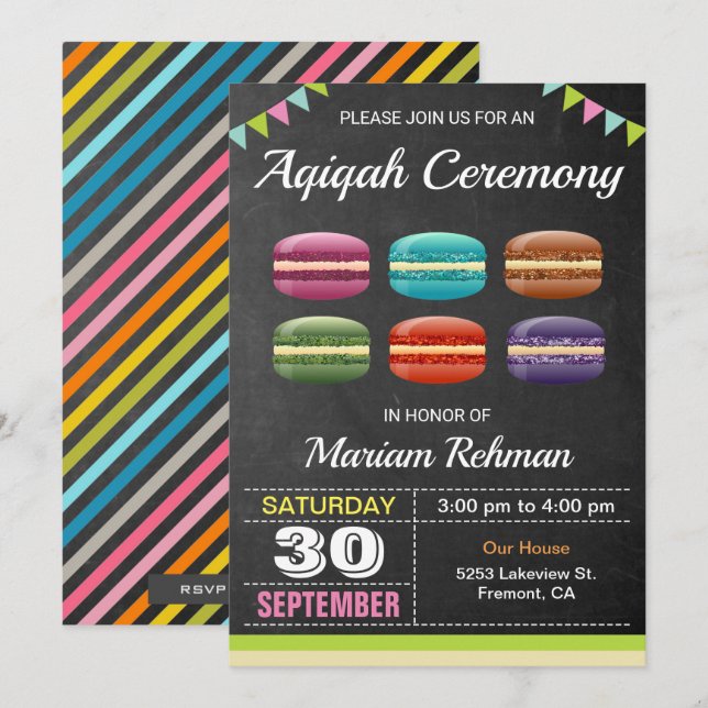 Convites Deliciosos Macarons Aqeeqah | Cerimônia Aqiqah (Frente/Verso)
