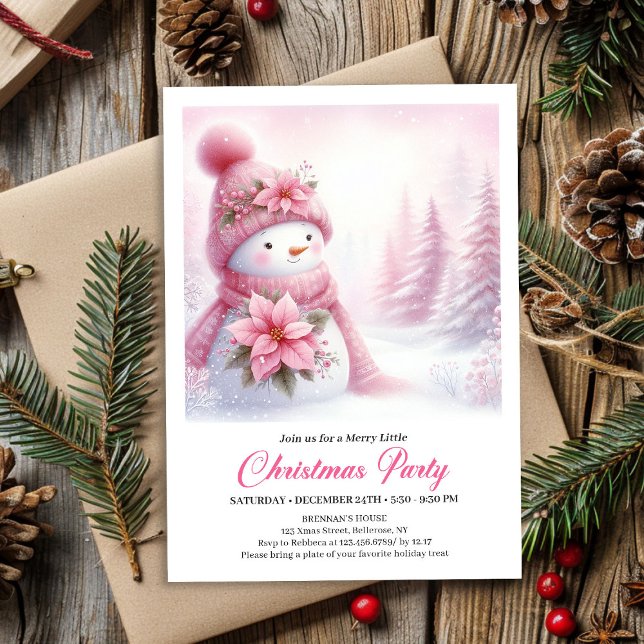 Convites Delightful Snowy Forest Pink Snowman Kids Invite  (Delightful Snowy Forest Pink Snowman Kids Invite Digital)
