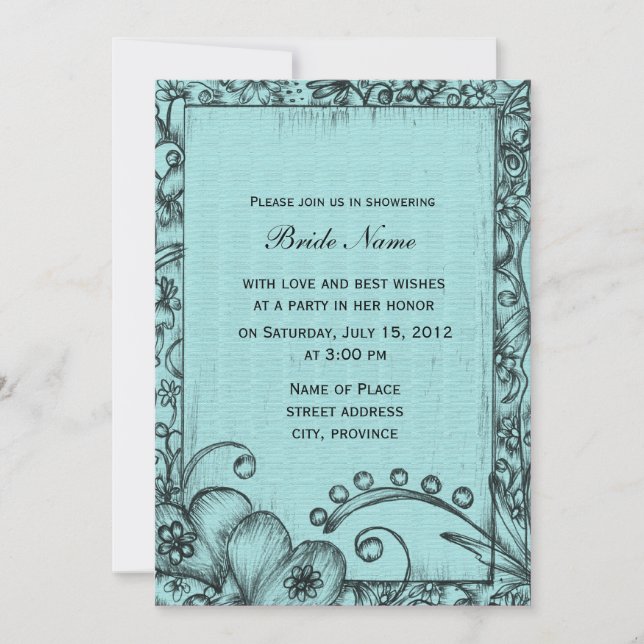 Convites Demonstração floral clássica, azul retrô e preto (Frente)