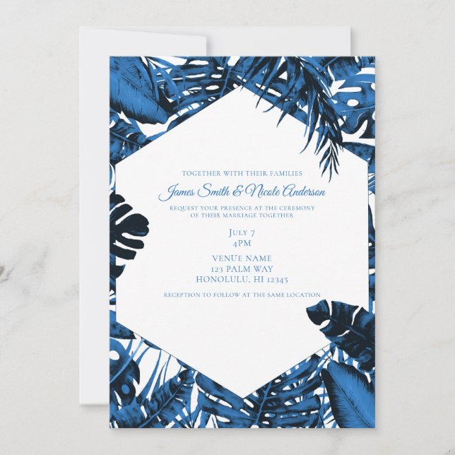Convites Denim Azul Médio Folhas de Palma Tropical Casament (Frente)