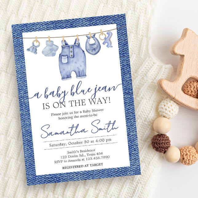 Convites Denim Baby Blue Jean Chá de fraldas (Blue Jean Denim Baby Shower Invitation)
