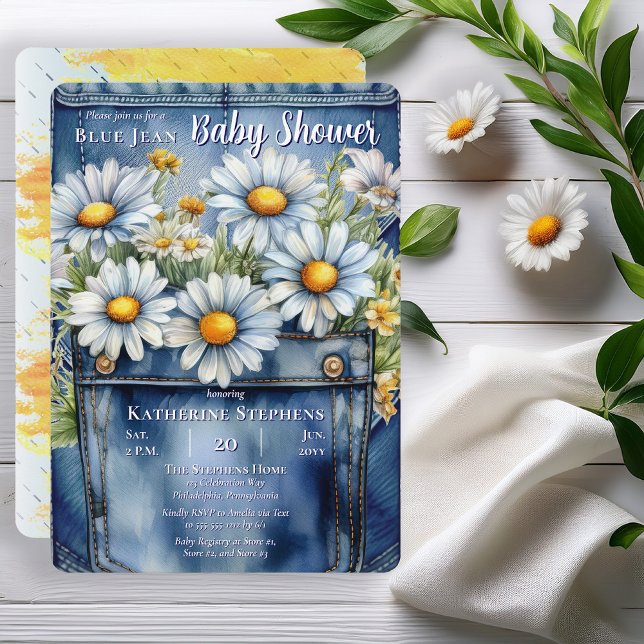 Convites Denim Blue Jean | Daisies Floral Chá de fraldas (Blue Jean Denim and Daisies Baby Shower Invitation - Print | Digital Download)