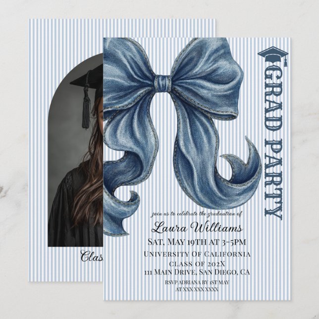 Convites Denim Bow Striped Graduation Photo (Frente/Verso)