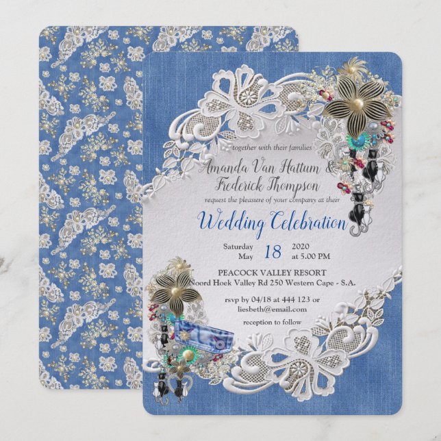 Convites Denim com creme Flor Lace e Costume Jewelry (Frente/Verso)