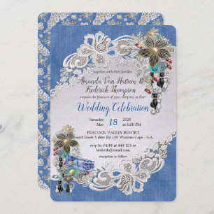 Convites Denim com creme Flor Lace e Costume Jewelry