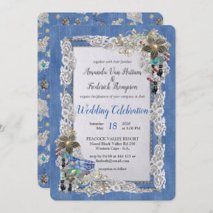 Convites Denim com creme Flor Lace e Costume Jewelry