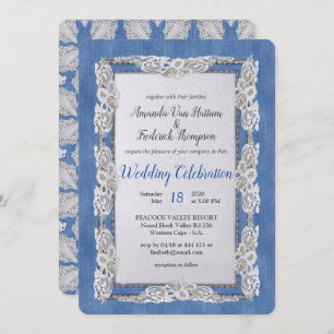 Convites Denim com rendas da flor de creme