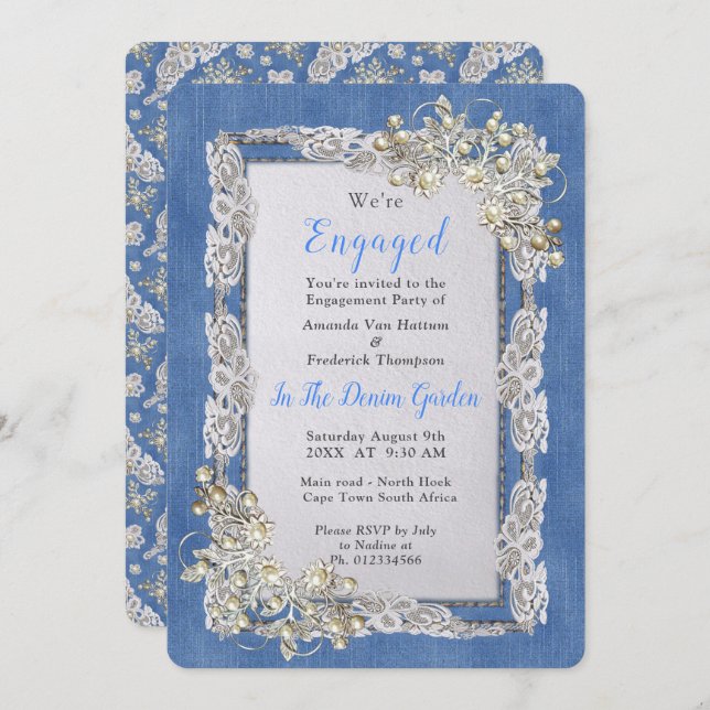 Convites Denim com rendas e pérolas da flor (Frente/Verso)