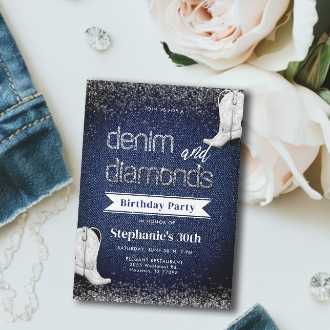 Convites Denim Diamantes Azul Boots Chic aniversário de 30  (denim and diamonds birthday invitation cowgirl boots white blue elegant classy modern glitz bling)