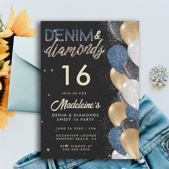 Convites Denim Diamantes Balões Arch Doce 16 Aniversário (denim diamonds sweet 16 balloon arch denim gold black elegant girly chic modern trendy sweet )